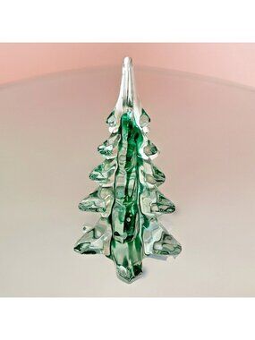 Vintage Clear & Green Ribboned Christmas Tree Crystal Art Glass 5.25" Tall